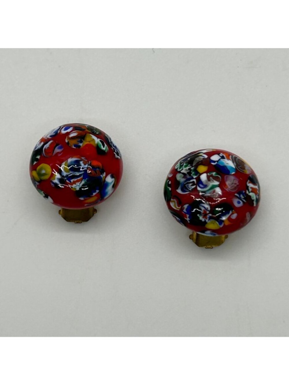 Millefiori Glass Clip-On Earrings Red Dome Multi-Color Mosaic Vintage - Picture 5 of 16